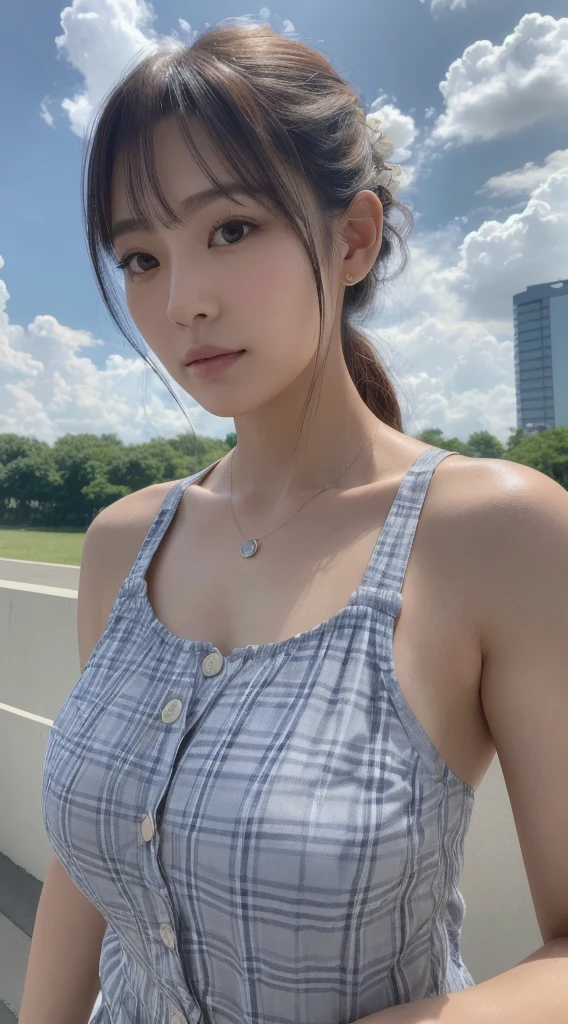 (bestquality,4k,8k,highres,masterpiece:1.2),ultra-detailed,(realistic,photorealistic,photo-realistic:1.37),selfie,(upper body),beautiful Japanese woman,wearing a checkered button-up shirt over a tank top,ample bosom,sad expression,talk room,early summer,cloudy sky,bokeh background