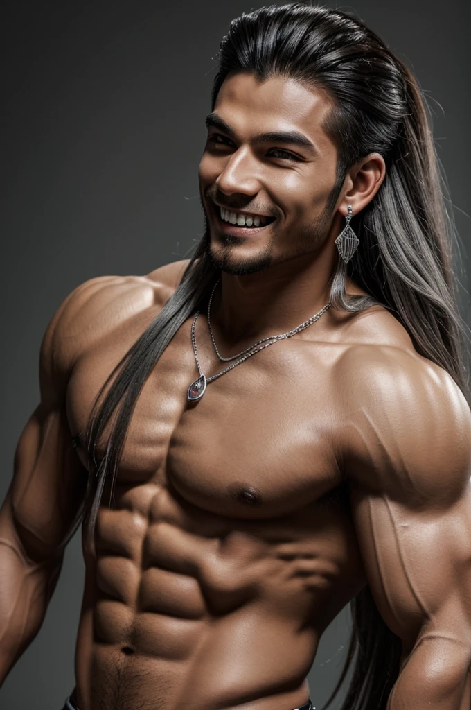 Succube man, muscle and beautiful man, silver semi-long hair, red skin, sharp teeth, grey eyes, tail, seductive smile, percing ears with silver jewelry 