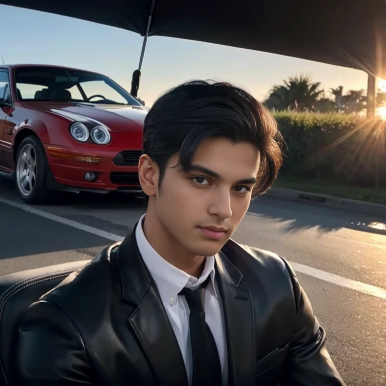 Aarav looks at the camera, perfect has a round face, A well-maintained model, handsome face,Close-up of a man wearing a black leather jacket., Southeast Asians with round faces, 3-D profile picture, 8K, 45,000,000 pixcls, realistic light colors