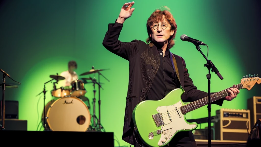 A highly detailed, hyper-realistic photograph of a scale model figure of John Lennon. The figure is designed in a stylized, animated manner, capturing Lennon mid-performance. He is depicted with long, flowing hair, round glasses, and a thoughtful expression as he sings into a microphone. The model shows him wearing a long, brown coat over a black outfit, with bell-bottom pants and white sneakers. He is playing a light green electric guitar, with intricate details on the guitar body and strings. Beside him is a small black amplifier, complete with detailed knobs and a mesh front. The base of the model is a simple round platform, and the background is blurred to keep focus on the figure. The lighting enhances the textures and colors, highlighting the craftsmanship and character of the model --ar 3:4 --stylize 300