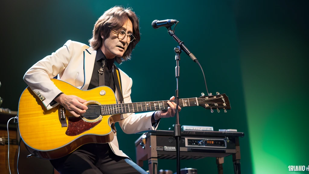 A highly detailed, hyper-realistic photograph of a scale model figure of John Lennon. The figure is designed in a stylized, animated manner, capturing Lennon mid-performance. He is depicted with long, flowing hair, round glasses, and a thoughtful expression as he sings into a microphone. The model shows him wearing a long, brown coat over a black outfit, with bell-bottom pants and white sneakers. He is playing a light green electric guitar, with intricate details on the guitar body and strings. Beside him is a small black amplifier, complete with detailed knobs and a mesh front. The base of the model is a simple round platform, and the background is blurred to keep focus on the figure. The lighting enhances the textures and colors, highlighting the craftsmanship and character of the model --ar 3:4 --stylize 300