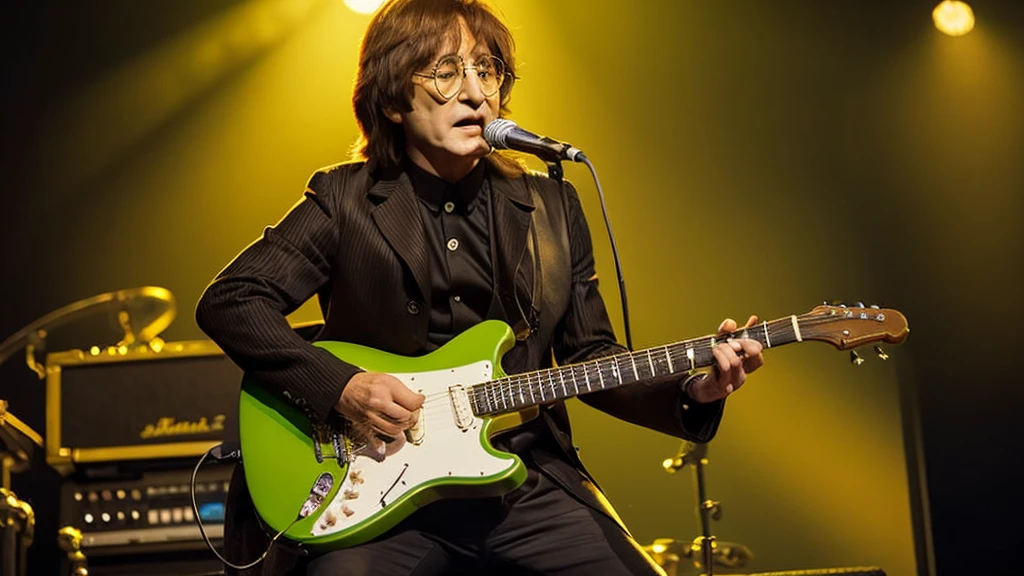 A highly detailed, hyper-realistic photograph of a scale model figure of John Lennon. The figure is designed in a stylized, animated manner, capturing Lennon mid-performance. He is depicted with long, flowing hair, round glasses, and a thoughtful expression as he sings into a microphone. The model shows him wearing a long, brown coat over a black outfit, with bell-bottom pants and white sneakers. He is playing a light green electric guitar, with intricate details on the guitar body and strings. Beside him is a small black amplifier, complete with detailed knobs and a mesh front. The base of the model is a simple round platform, and the background is blurred to keep focus on the figure. The lighting enhances the textures and colors, highlighting the craftsmanship and character of the model --ar 3:4 --stylize 300