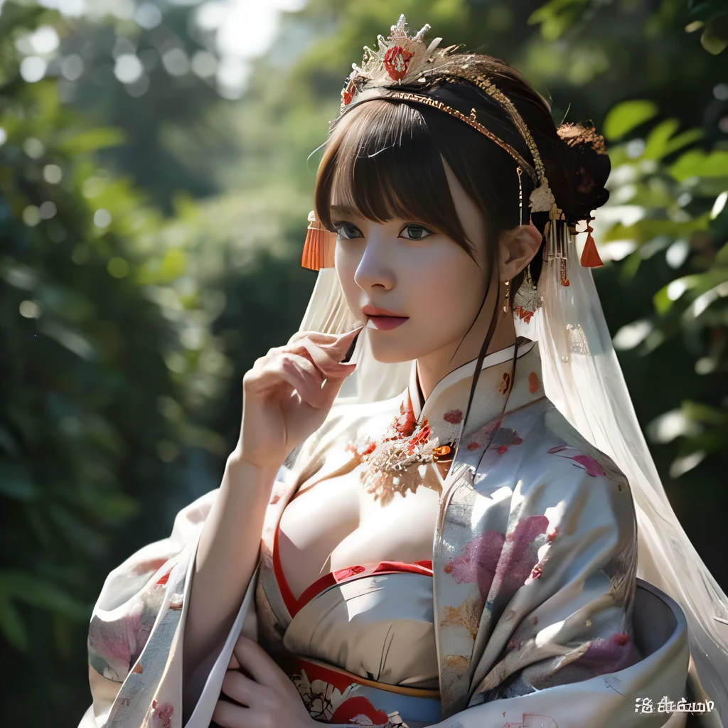 (Fight fiercely with the dragon)、Highest quality、masterpiece、Ultra-high resolution、（Wear a colorful Japanese kimono）、Beautifully patterned kimono、(Wearing a beautiful crown made of jewels),(Photorealistic:1.4)、RAW Photos、1 girl、Japanese big castle background、Glowing Skin、(((Chinese Dragon)))、（gorgeous jewelry necklace）、（Mystical Expressions）、（hugeなドラゴンと戦う）、With a beautiful knife、（White Metal Bodysuit）、(Beautiful forest background)、Steep cliffs、(Small LED)、((Ultra-Realistic Details))、Portrait、Global Illumination、Shadow、Octane Rendering、（One-eyed scouter）、8K、Super sharp、huge 、Bare skin exposed in the cleavage、Metal、Intricate decorative detailore about Japan、Very intricate details、Realistic Light、CGSoation Trend、blue eyes、Shining Eyes、 the camera、Neon Details)、Gundam、Small LED、,Mechanical thigh、Toostook、（Hands are also made of machines）、（Veil）、