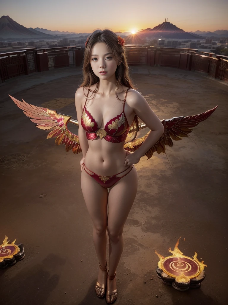 (((work of art, best qualityer: 1.2), A girl with phoenix wings standing in a ring of fire, beautiful and symmetrical face, with bright red eyes, phoenix, lotus flowers, red rose gold, gold mini underwear, Mountain sunrise to the bottom, Ancient porcelain buildings)),sexy and seductive look