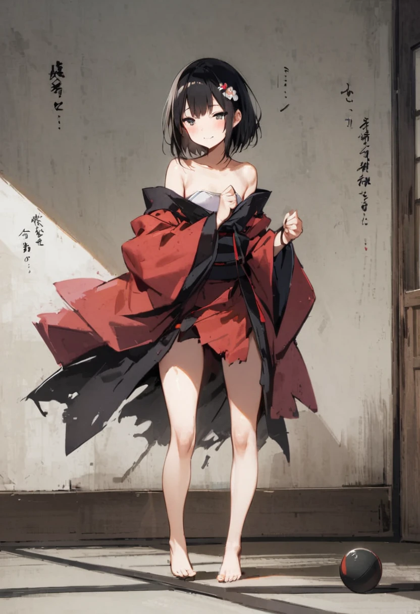 Zashiki Warashi、Japanese style、Shoji Screen、tatami、Haunted house、darkness、Late Night、kimono、Bob、girl、girl、young、Baby Face、Flat Chest、Long black hair、Dynamic Angle、A faint smile、Squint your eyes、ball、Flower Hair Ornaments、Clogs or bare feet
