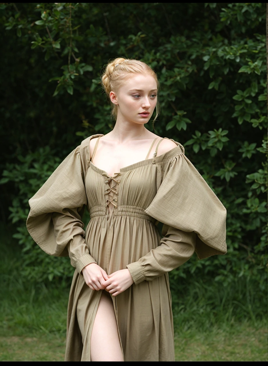 Sophie turner, blonde uptied ponytail, she wears a medieval peasant dress, high quality, solo