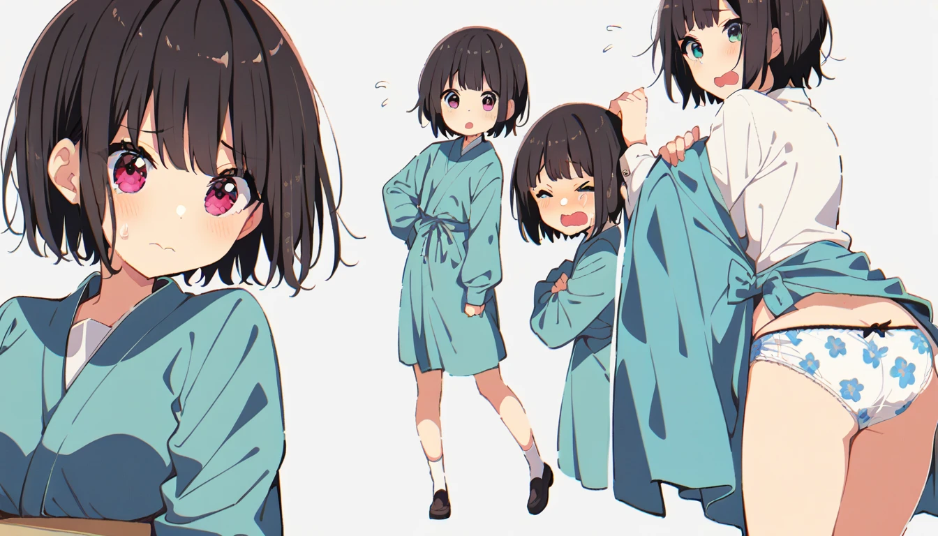 One girl with black bob hair、Boobs fully exposed、Floral print panties、Standing posture、Sugata Class、Shyness、Crying face、resistance
