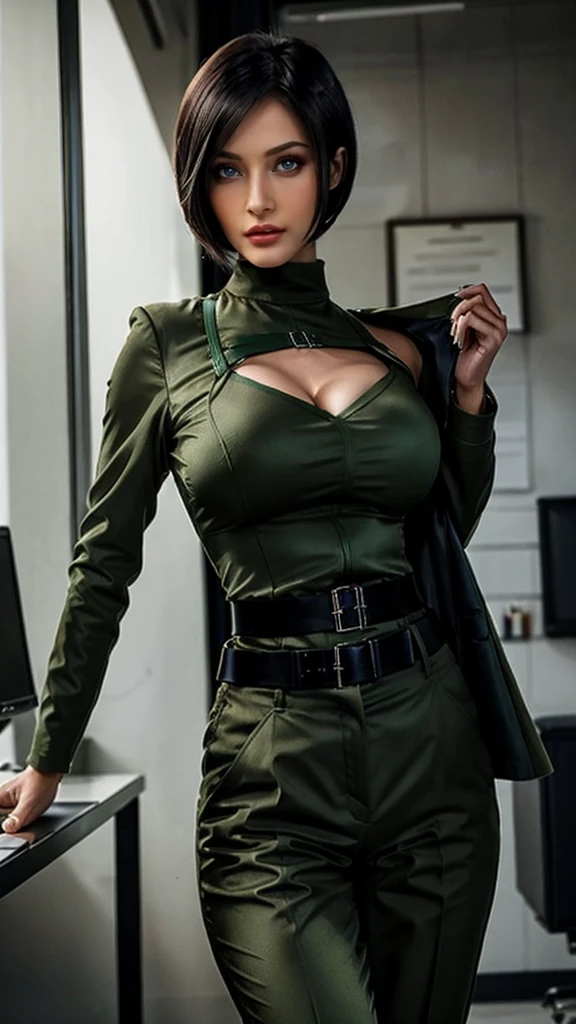 asian woman in green military uniform, brown bob Haircut,green blazer, green trousers, black belt, black necktie, brown hair, blue epaulet, , standing in the Office