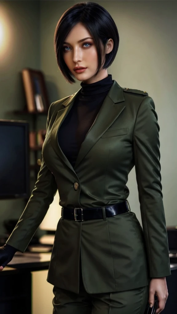 asian woman in green military uniform, brown bob Haircut,green blazer, green trousers, black belt, black necktie, brown hair, blue epaulet, cleavage, standing in the Office