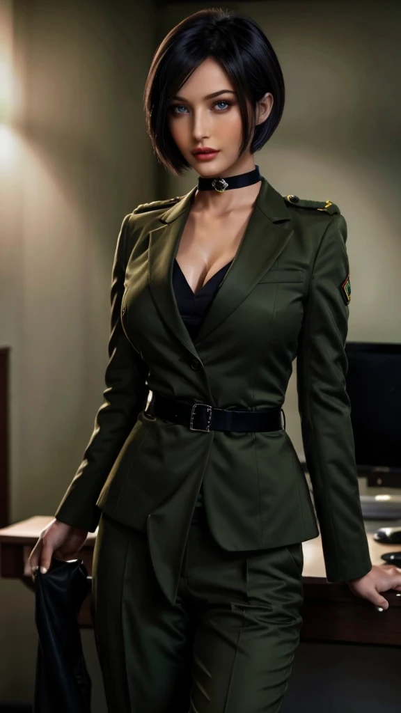 asian woman in green military uniform, brown bob Haircut,green blazer, green trousers, black belt, black necktie, brown hair, blue epaulet, cleavage, standing in the Office