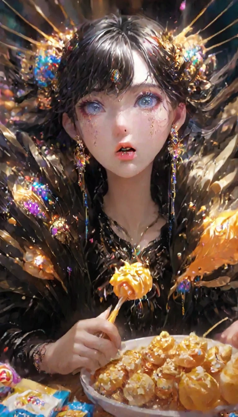 Photorealistic depiction of a beautiful girl with a perfect figure and youthful face, featuring a surprised expression. She has black hair and is sitting at her desk, eating snacks when her boss suddenly appears. Inspired by the vibrant energy of J-POP, with a cinematic composition, trending on ArtStation