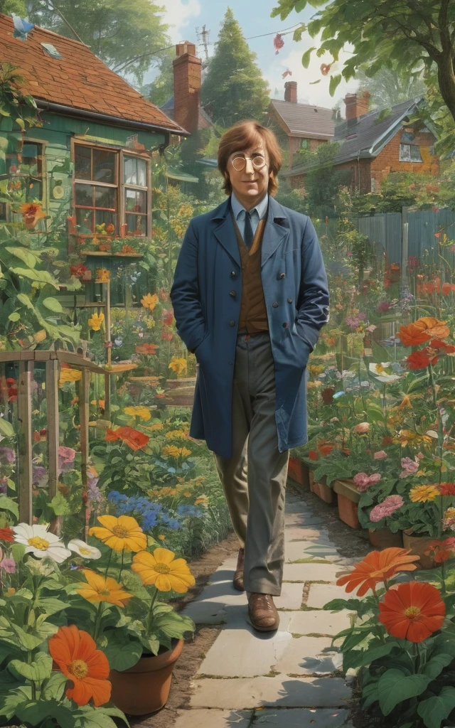 John Lennon, garden, flower by Richard Scarry, (best quality, masterpiece, Representative work, official art, Professional, Ultra intricate detailed, 8k:1.3)