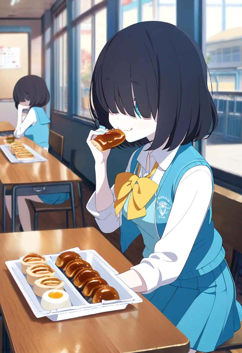 1girl, , turquoise vest, collared shirt, yellow bowtie, open jacket, blue skirt, black-framed eyewear, pleated skirt, black hair, turquoise bangs, very short hair, hair over eyes, pale skin, medium breasts, turquoise eye, smile, school, cafeteria, eating oden, table, (masterpiece), best quality, anime style, full body