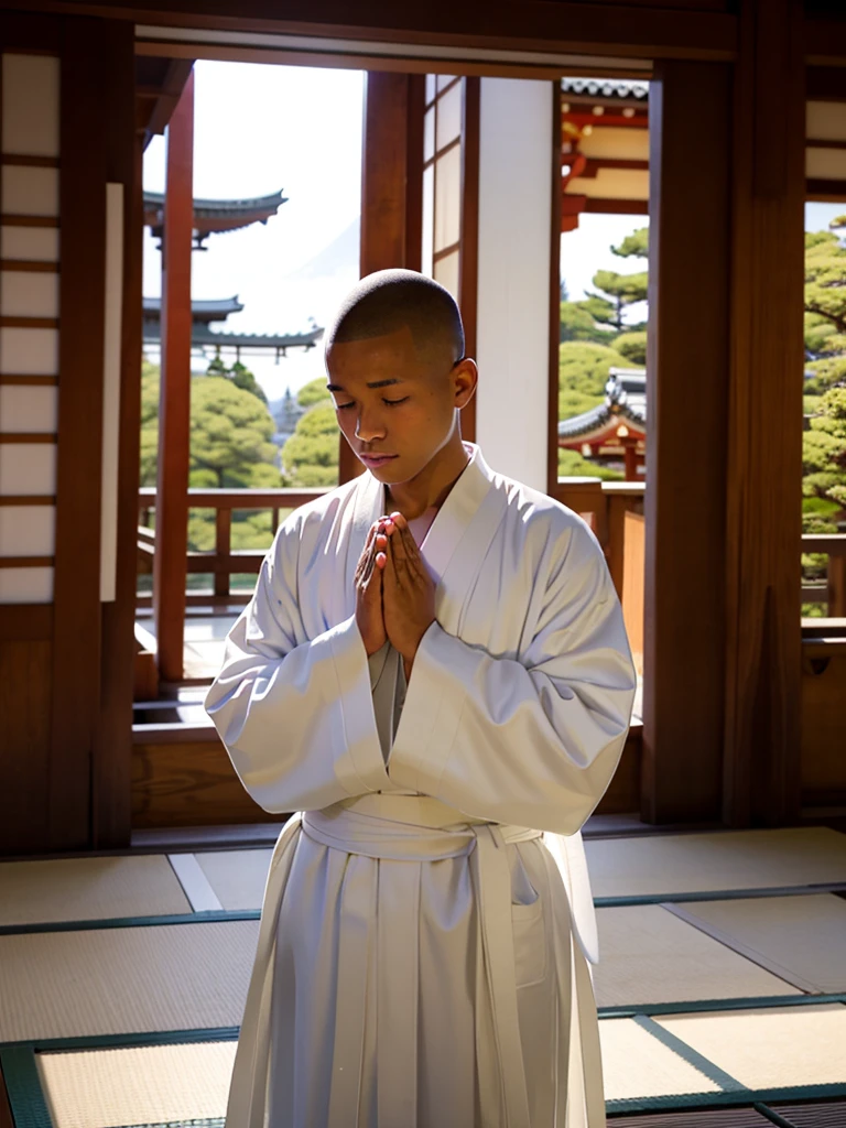 Highest quality,Highest Resolution,A skinhead monk wearing a robe prays with his hands together,Halo,Japanese,Japanese temple grounds,
