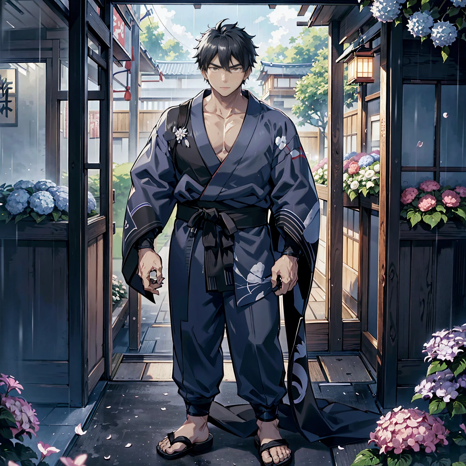 Japanese man, standing alone, full body view, strong young man in late 20s, young man standing in rain, holding Japanese umbrella, surrounded by hydrangea flowers, picturesque Japanese cityscape, anime-like image, high resolution, fantastic atmosphere, facing front, young man standing on right side, strong young man, serious looking young man, black hair, dark blue kimono, black obi, black geta, person on right side, empty on left side standing on right side, young man with serious expression, black hair, dark blue kimono, black obi, black geta, figure to right side, left side open, masculine eyes, toes visible