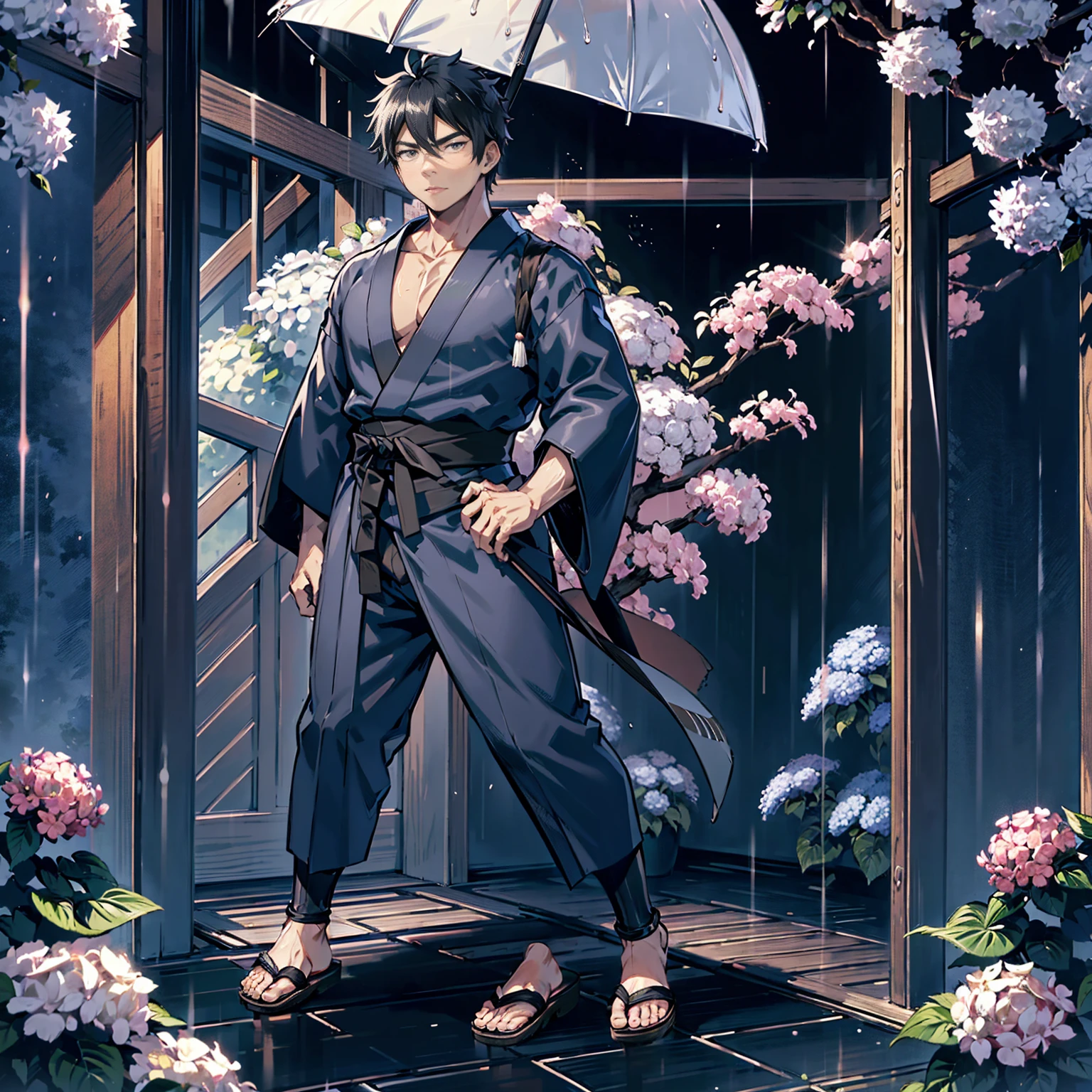 Japanese man, standing alone, full body view, strong young man in late 20s, young man standing in rain, holding Japanese umbrella, surrounded by hydrangea flowers, picturesque Japanese cityscape, anime-like image, high resolution, fantastic atmosphere, facing front, young man standing on right side, strong young man, serious looking young man, black hair, dark blue kimono, black obi, black geta, person on right side, empty on left side standing on right side, young man with serious expression, black hair, dark blue kimono, black obi, black geta, figure to right side, left side open, masculine eyes, toes visible