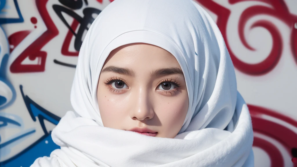 1girl, solo, pretty face, eyelashes, nose, glossy lips, (detailed eyes, looking at viewer, fair skin, white skin: 1.5), smooth skin, wearing hijab, 8k portrait of beauty in hijab, intricate, graceful, highly detailed, majestic, digital photography, hyper realistic, Masterpiece, Best Quality, All parts of the body except the face and hands are covered with clothing, Tudung, ((do not let the hair come out of the hijab)), full hijab, ((all parts of the body covered by clothes except the face)), Best Quality, (graffiti:1.5), paint splatter, jacket, On wall, paint can, looking at viewer, head slanted, clothing color (Wear a hooded military uniform), cyberpunk city