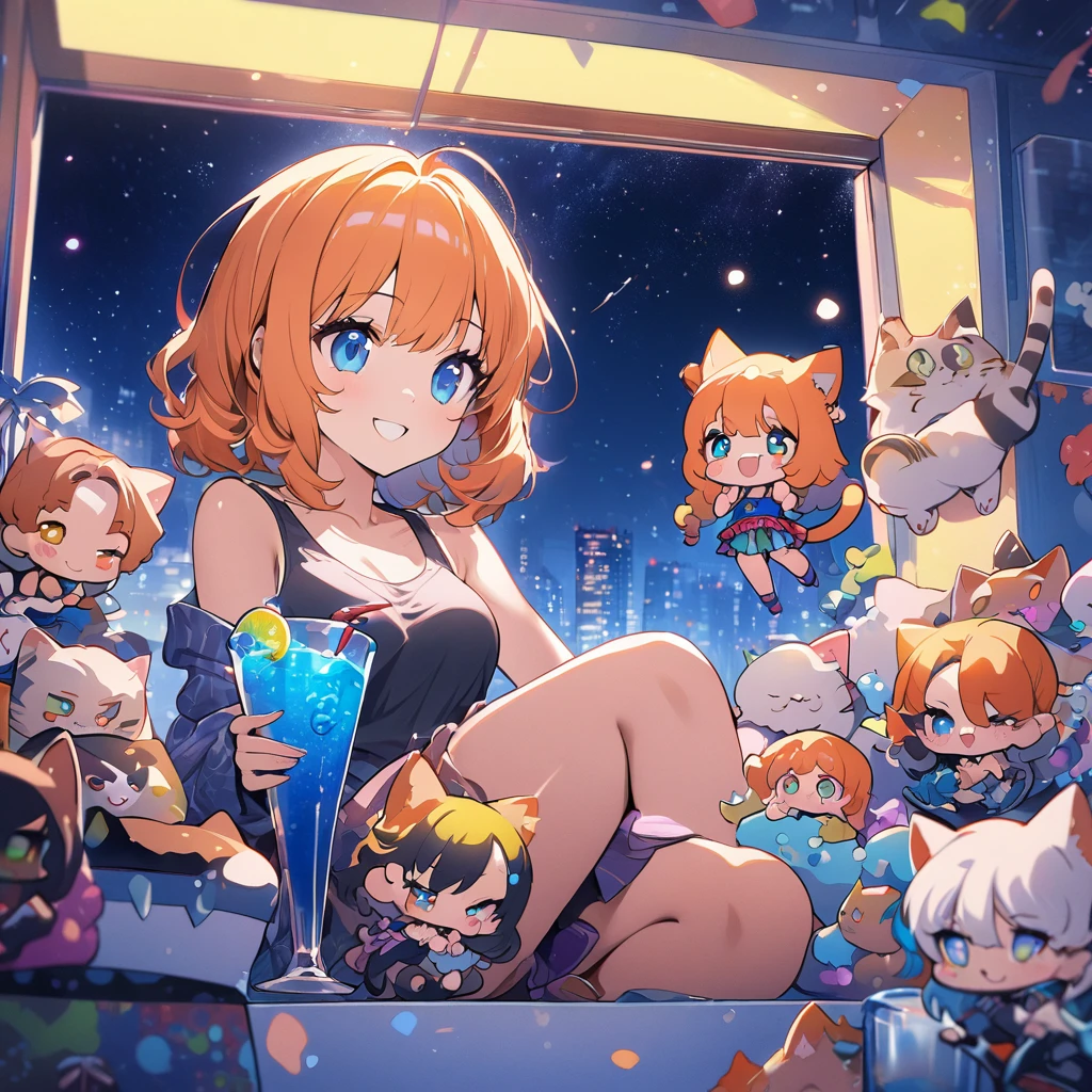 masterpiece、Highest quality、Depth of subject、2D illustration、1 beautiful girl、独奏, (((chibi style)))、((night)), ((window)), ((starry sky)), Long, beautiful hair、Shiny orange hair、cute、Beautifully detailed eyes、((Tank top))、a glass of blue soda, ((colorful))、mini skirt、((happy smile))、((cat cluster)), ((close up shot))、((in the room))、((There's a lot of pink around))、Thighs、((vivid color))、sparkle、((Lens flare))、