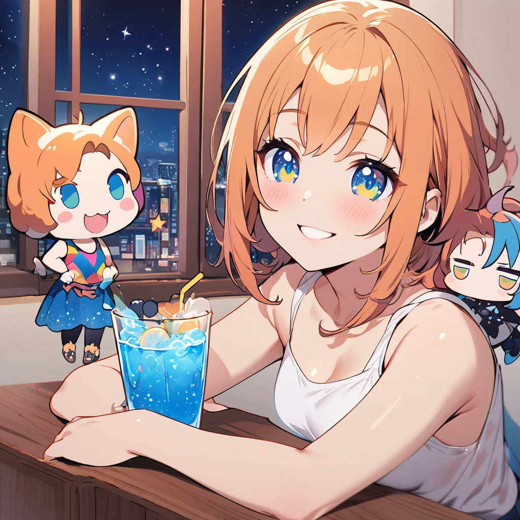 masterpiece、Highest quality、Depth of subject、2D illustration、1 beautiful girl、独奏, (((chibi style)))、((night)), ((window)), ((starry sky)), Long, beautiful hair、Shiny orange hair、cute、Beautifully detailed eyes、((Tank top))、a glass of blue soda, ((colorful))、mini skirt、((happy smile))、((cat cluster)), ((close up shot))、((in the room))、((There's a lot of pink around))、Thighs、((vivid color))、sparkle、((Lens flare))、