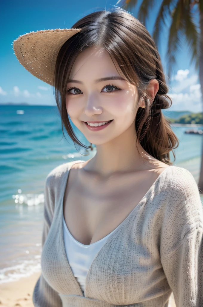 hyper detailed, FHD, woman, standing, looking at viewer, japanese, 20-year-old, smiling, on the beach, cute, undone clothing