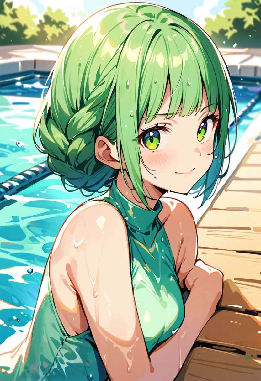 Highest quality、High resolution、Detailed Background、(Beautiful face in every detail:1.4)、Anatomically correct、(Detailed facial expressions)、(fine grain:1.2)、Teenage Beauty、Cute hair color、Braided bob cut、One girl, ((Primary school students)), Junior competitive swimmer, ((Turtleneck one piece swimsuit)), Simple design without patterns, Clear metallic green swimsuit, Small breasts、Perfect body line、 Portrait, ((Chest close up)), View your viewers, Outdoor swimming pool, From the side, Partially submerged, Wet Skin, A quiet smile with closed mouth, (armpit), Hands do not hold anything