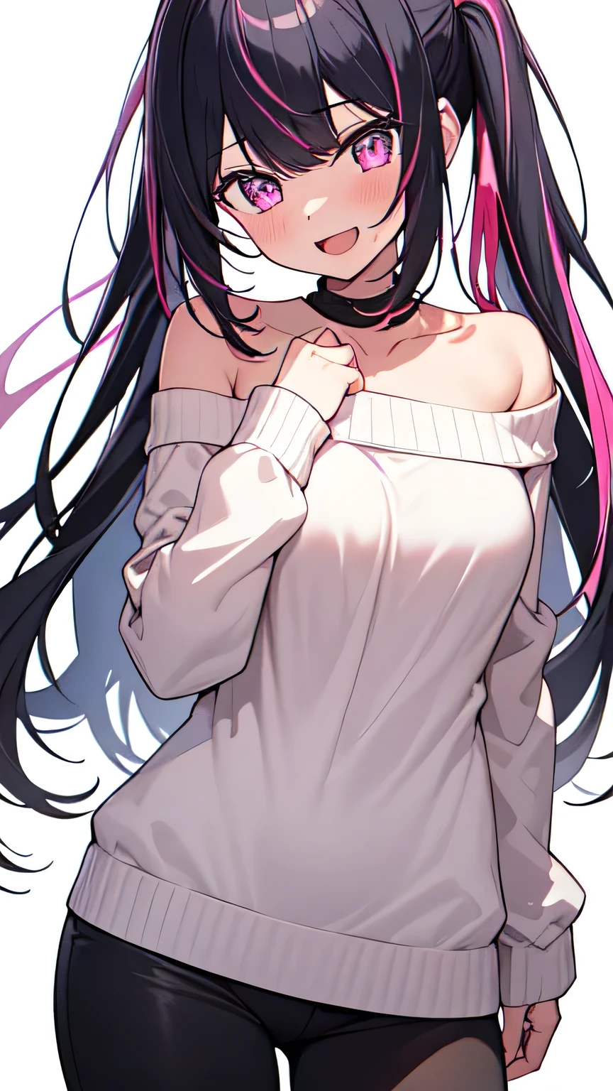 (((masterpiece, best quality, ultra-detailed,))) 1girl, sexy, Hoshino Ai, long hair, pigtails, (((black and pink hair))) streaked hair, purple eyes, cowboy shot, looking at viewer, standing, dynamic pose, white sweater, bare shoulder, smile, open mouth, ((white background))