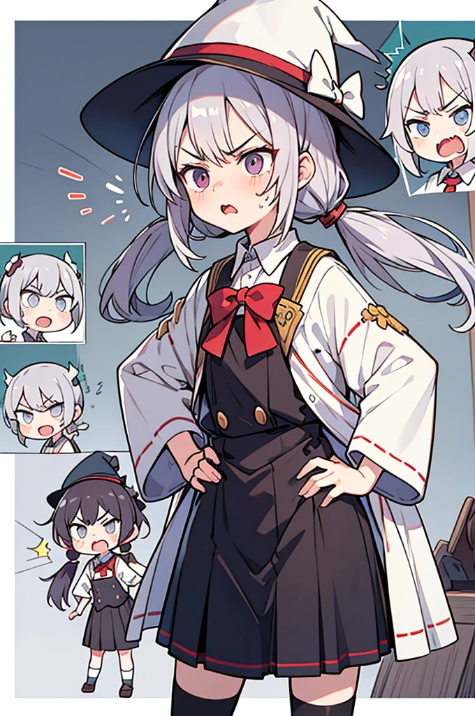 school anime style,ultra detailed face,
girl is angry at shota,rage,fury,preach to the shota,
loli girl wearing white witch dress hat,gray twintail hair,
hands on hip,