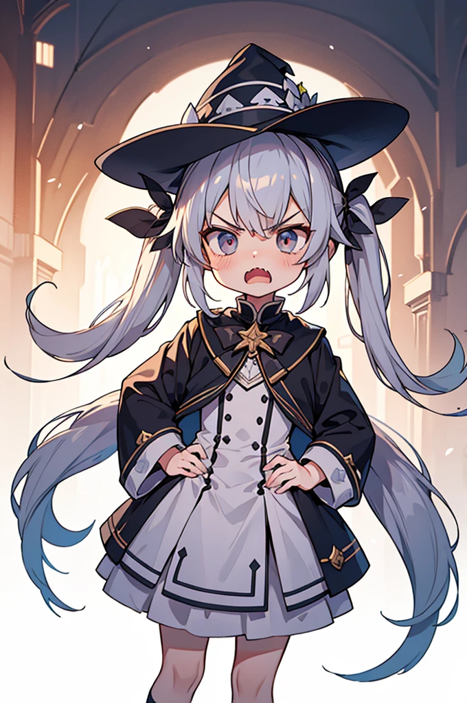 school anime style,ultra detailed face,
girl is angry at shota,rage,fury,preach to the shota,
loli girl wearing white witch dress hat,gray twintail hair,
hands on hip,