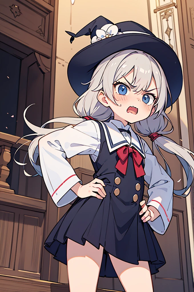 school anime style,ultra detailed face,
girl is angry at shota,rage,fury,preach to the shota,
loli girl wearing white witch dress hat,gray twintail hair,
hands on hip,