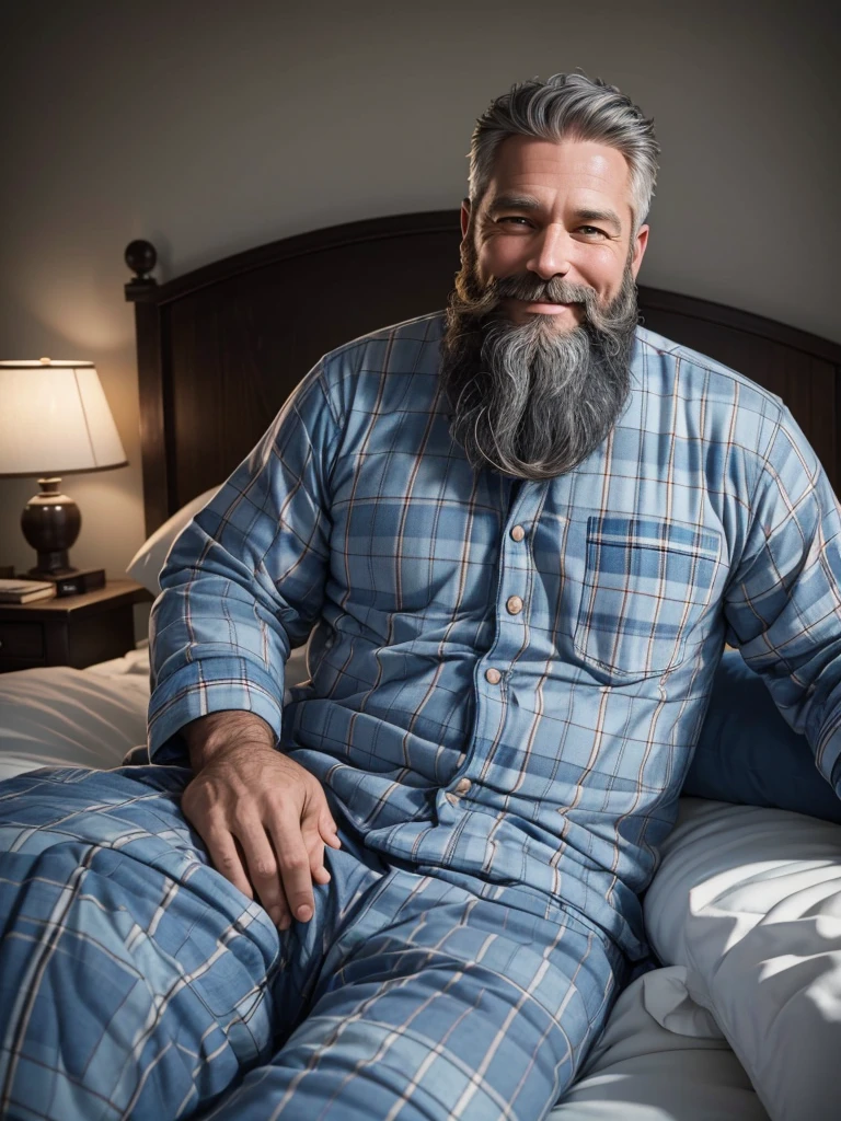 photo of a 45 year old man, very realistic, with a lumberjack beard, gray hair, full body, serene, smiling face, lying on a simple country bed, wearing old and torn blue checkered pajamas, kodak photo, trending Nikon photo 8k definition