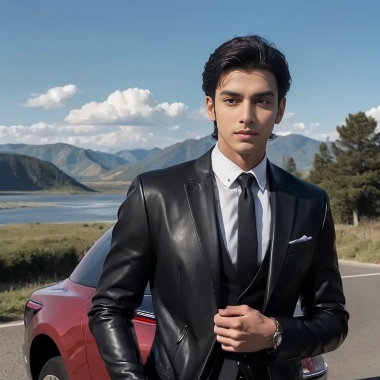 Aarav looks at the camera, perfect has a round face, A well-maintained model, handsome face,Close-up of a man wearing a black leather jacket., Southeast Asians with round faces, 3-D profile picture, 8K, 45,000,000 pixcls, realistic light colors