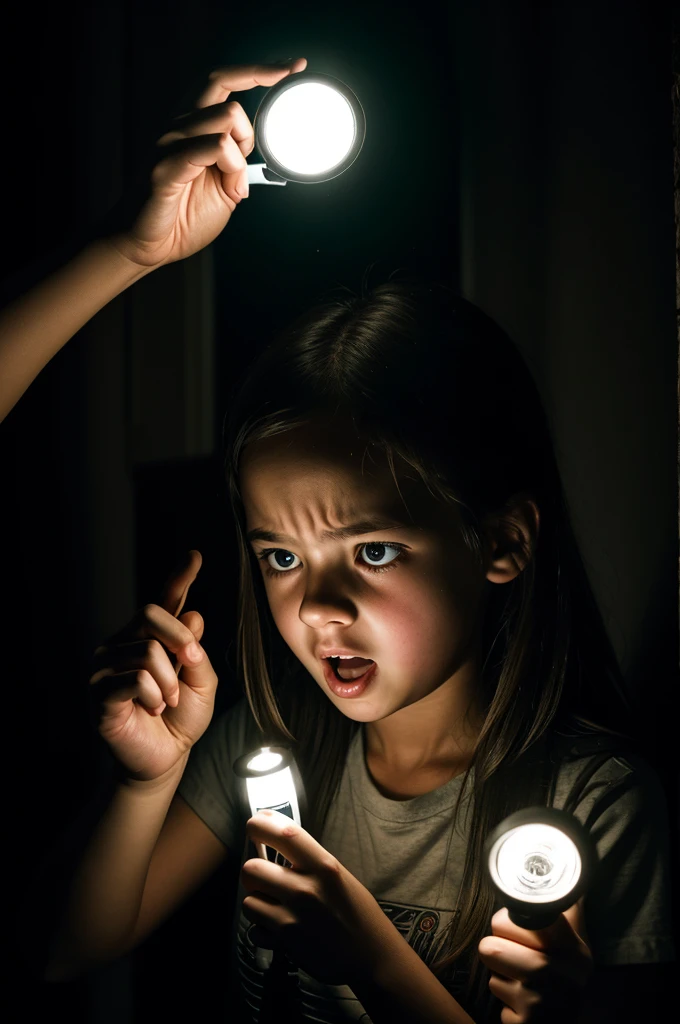 A horrified girl holding a flashlight shines in the dark 