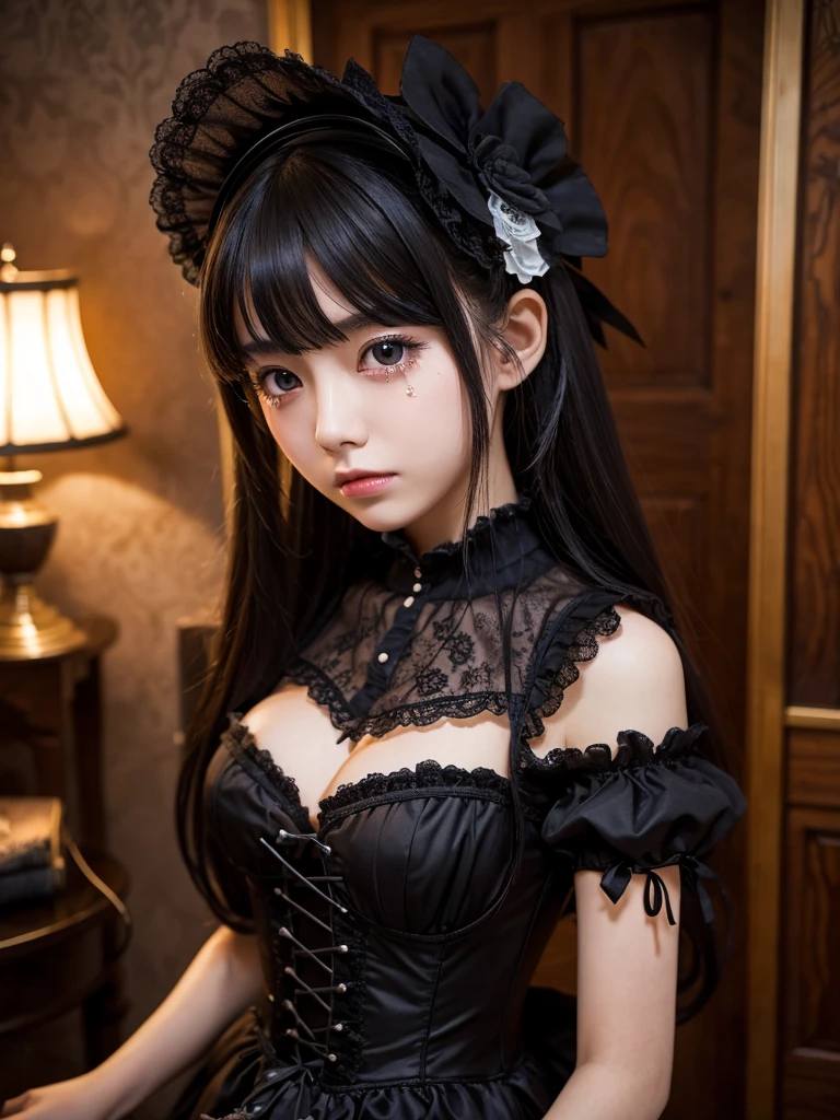 Highest quality,Highest Resolution,A sexy gothic lolita drools and sheds tears,Bedroom,