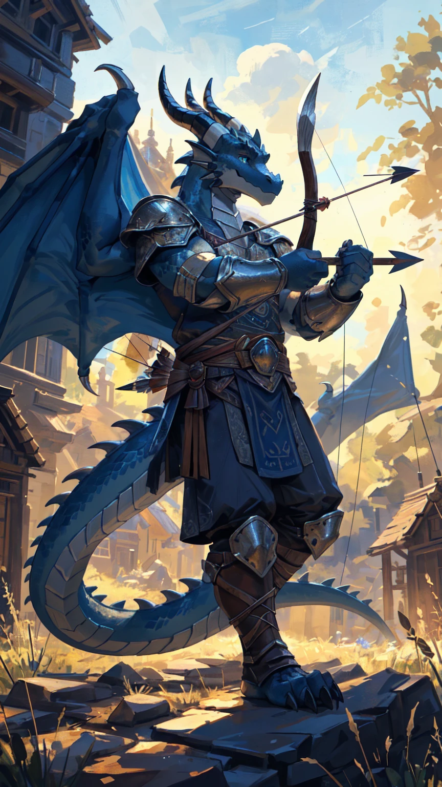 ((middle Ages:1.3，Range background:1.5))，Royal Family:1.2，((Holding a bow and arrow:1.5))，((sunny:1.4))，high resolution，4K，(((9:16 Whole body:1.1，Strike a pose:1.5)))，masterpiece，high quality，((Dragon Archer，bow and arrow:1.6))，male，龙Furry，(teenager:1.3)，hairy，((Heroic and Calm:1.4))，(((Slender face:1.2，Lean:1.2，Long legs:1.3，Thick 龙 tail:1.2)))，(((Gray head:1.2，Blue pupils:1.2，neck:1.3，Gray Hands:1.4，muscle:1.3)))，(((White Armor:1.3，There is a blue flag on the armor:1.4)))，Exquisite eyes，Detailed body，Detailed hands，Detailed feet，Kenket's Art