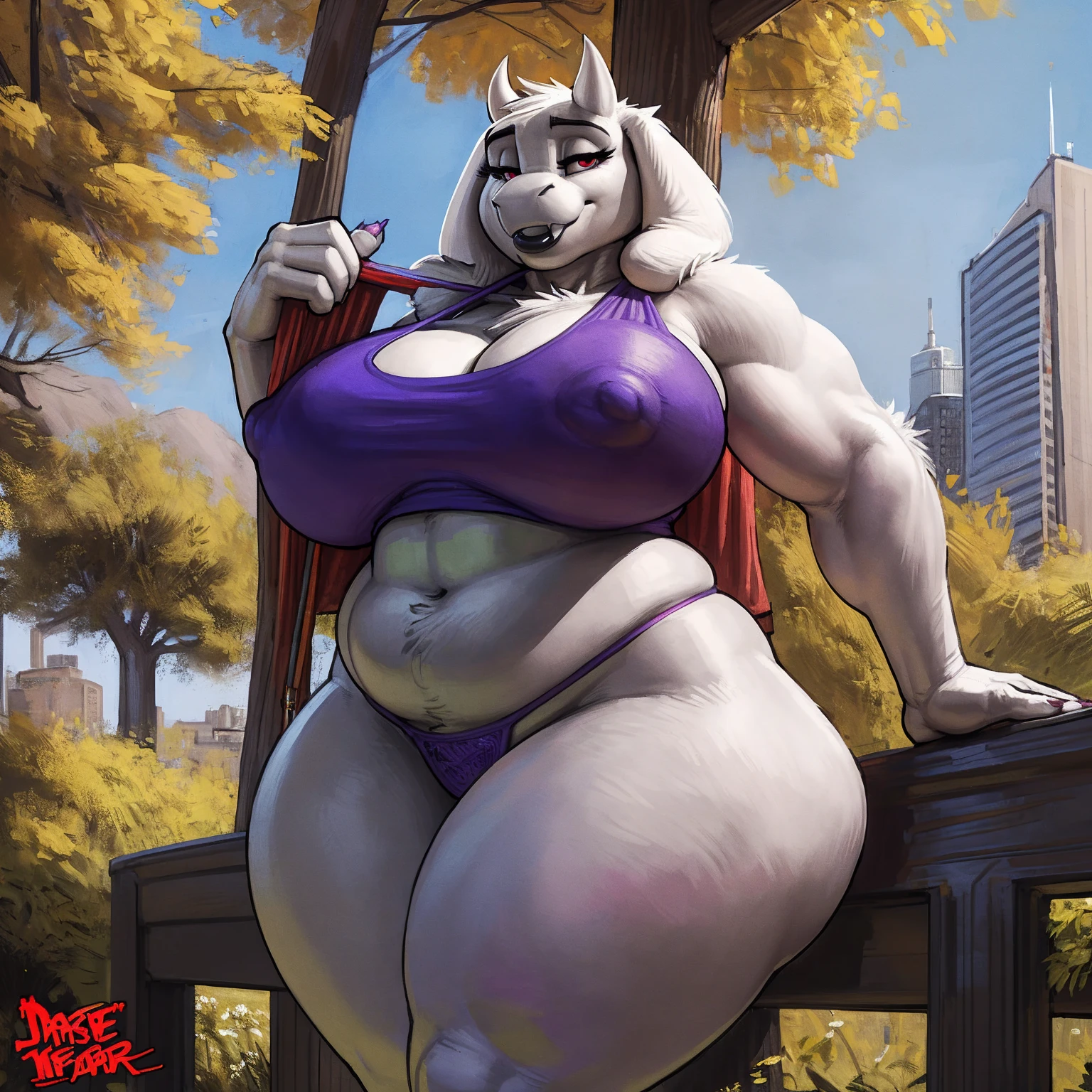 by darkgem, by duase, by kevinsano, by bng, by sligarthetiger, by zaush, solo, 1girl, toriel, maroon eyes, female, older woman, furry body, chubby, heavyset, broad shoulders, wide body, thick thighs, big arms, (huge :1.1), heavy breastse outlinely detailed eye, (black pupil:1.3), milf, tank top, (bardriff:1.3), cleavage, large areolae,ng:1.3), Masterpbest quality, absurd res, highly detailed, cleanly drawn eyes, park environment, standing upright, cute smile, (big bottom lip:1.2), black lipstick, casual posture,