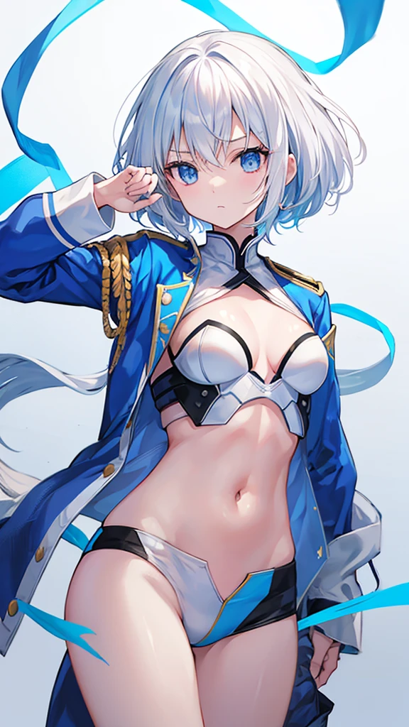 White hair,Blue streaked hair、navel、Combat Uniform、