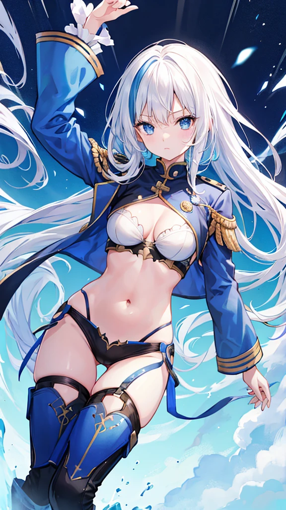 White hair,Blue streaked hair、navel、Combat Uniform、