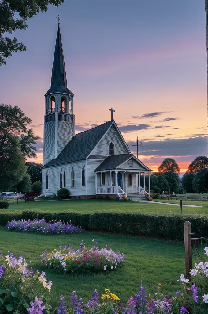 Background: A picturesque small-town scene at dusk, with warm streetlights beginning to glow and a soft gradient of twilight blue and purple in the sky.
Foreground- The iconic church from the story, with its steeple reaching towards the sky. In front of the church, a white picket fence and blooming flowers.