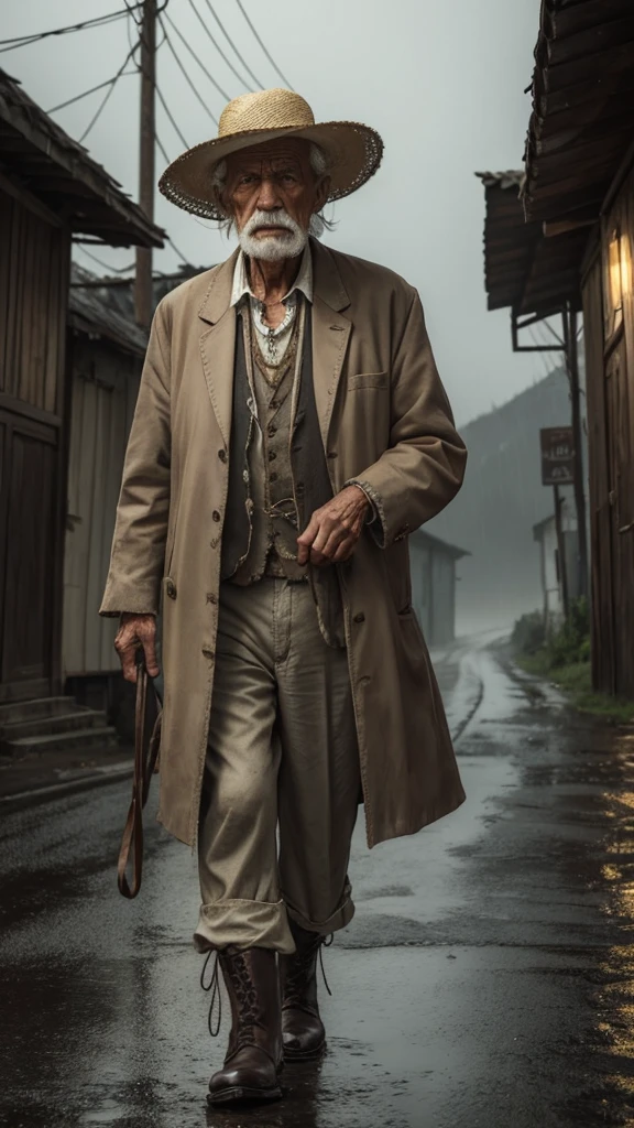 Draw a mysterious-looking elderly man, with shabby clothes, old straw hat and white boots. He must have an enigmatic expression, piercing eyes and a wrinkled face. The setting is a deserted road on a dark, rainy night..