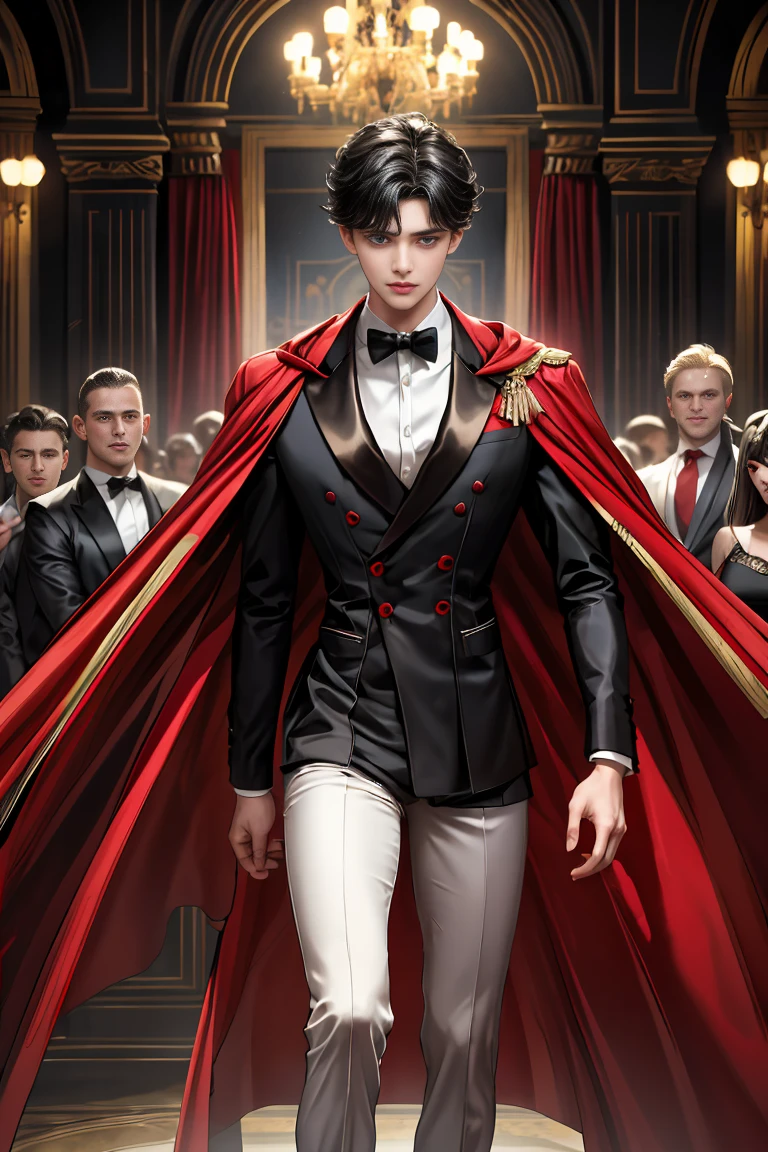masterpiece, 最high quality, high quality, 1 boy, alone, Male focus, Watching the audience, Messy black hair, Adorable big blue eyes, White people, Noble, Noble,Sexy voluminous black and red cape、Tuxedo、A very voluminous, large, very large, very large, long, long red and black cape with a high stand-up collar, reaching down to the floor, made of a lot of fabric., ,Cute beautiful boys,Cute, cute, kind, handsome guy