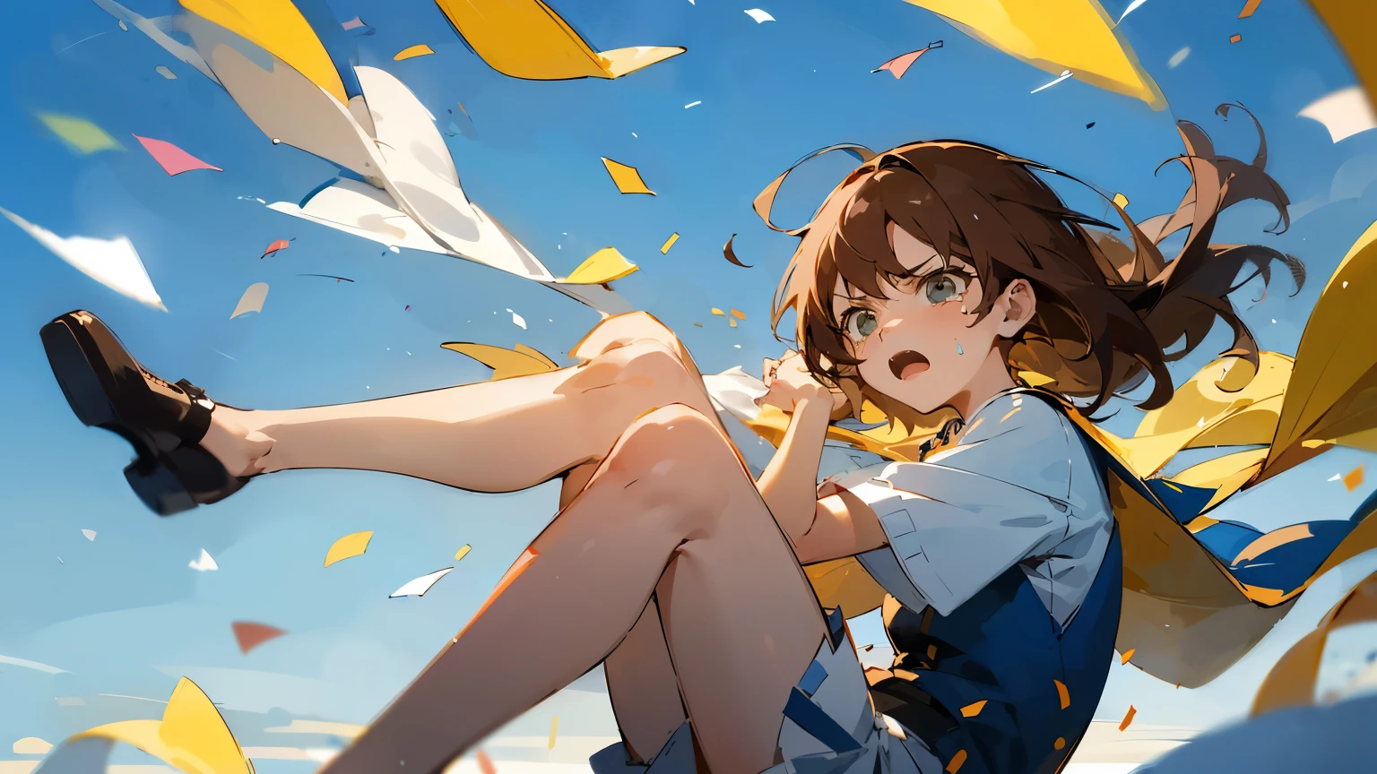 Floatingする女の子,Angry expression,floating,Floating,colorful,Confetti falling,Brown Hair,tears,Feet in the air,Blue sky background,gravity,Swoop