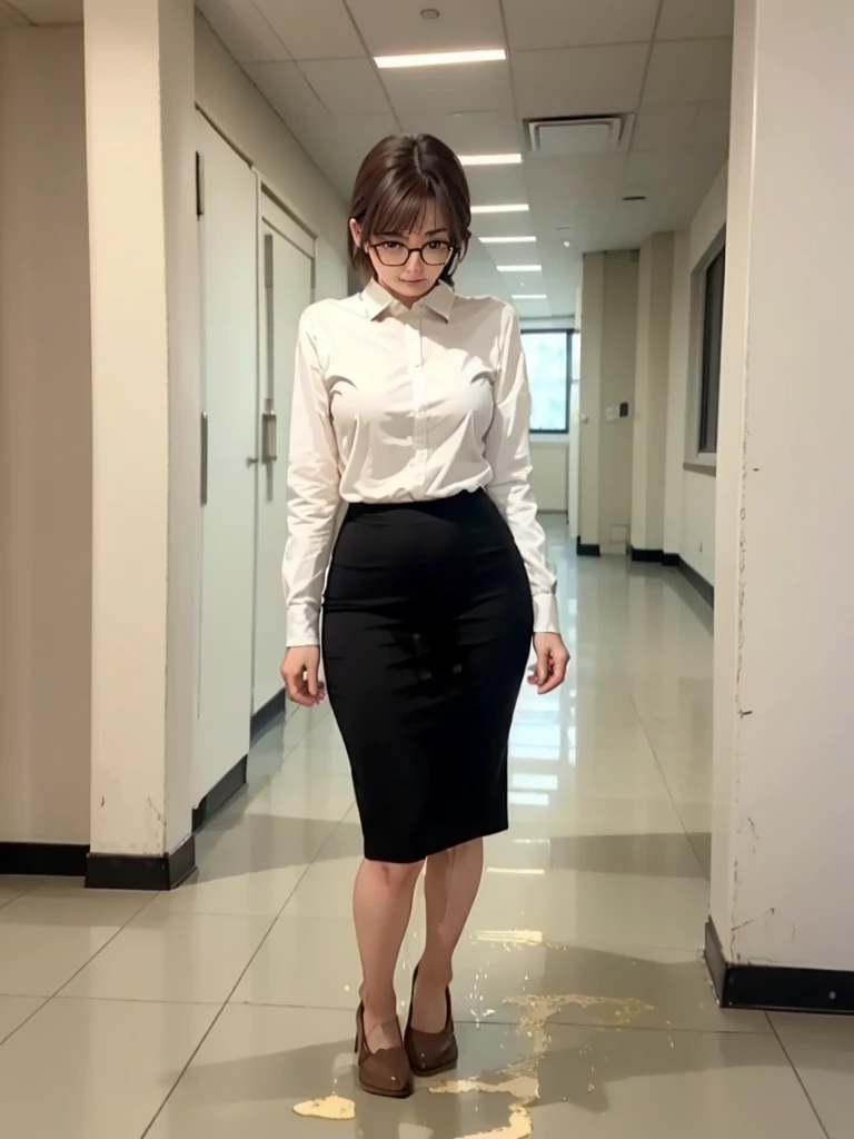 ((Realistic Light, Best Quality, 8K, Masterpiece: 1.3)), 1girl, female teacher, Slim Beauty: 1.4, (Brown hair, short hair length to shoulder, glasses, large breasts: 1.3), wearing long sleeve white shirt(( appropriate shirt)), black pencil skirt((length skirt to the knee)), standing alone at empty school hallway, front view, medium shot, with little wonder expression, peeing self, wetting her clothes, can't hold her pee face, wetting herself desperate, pee desperation pose, her body can't hold her pee and wets herself ultra desperate in the middle of the cicty in absolute desperaton wetting herself, pee runing down her legs, standing up, hyper pee desperate face, big pee pudle