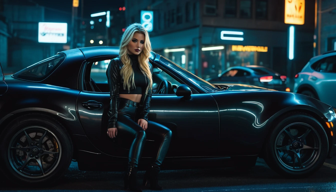 (intrincated details:1.2), (photorealistic), (masterpiece), (photography), cinematic lighting,
miata, cyberpunk ambient, car, ground vehicle, motor vehicle, no humans, scenery, solo, vehicle focus, night time, , neon lights
blonde hair, long hair, narrow waist, toned legs, cyberpunk outfit, sitting in car trunk