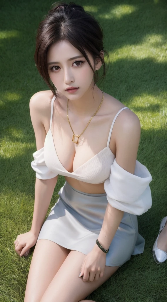 1 ((momo)), Lie down on the grass, Overhead camera, sharp focus, handsome,plump legs, skinny,professional lighting,city, eyelines,gold necklace,rendered eyes,tall body,adult woman,hair ornament,instagram most viewed,official wallpaper, official art,(kpop idol), mini skirt, half-closed eyes,building,((photorealistic painting art by midjourney and greg rutkowski)),((supermodel))