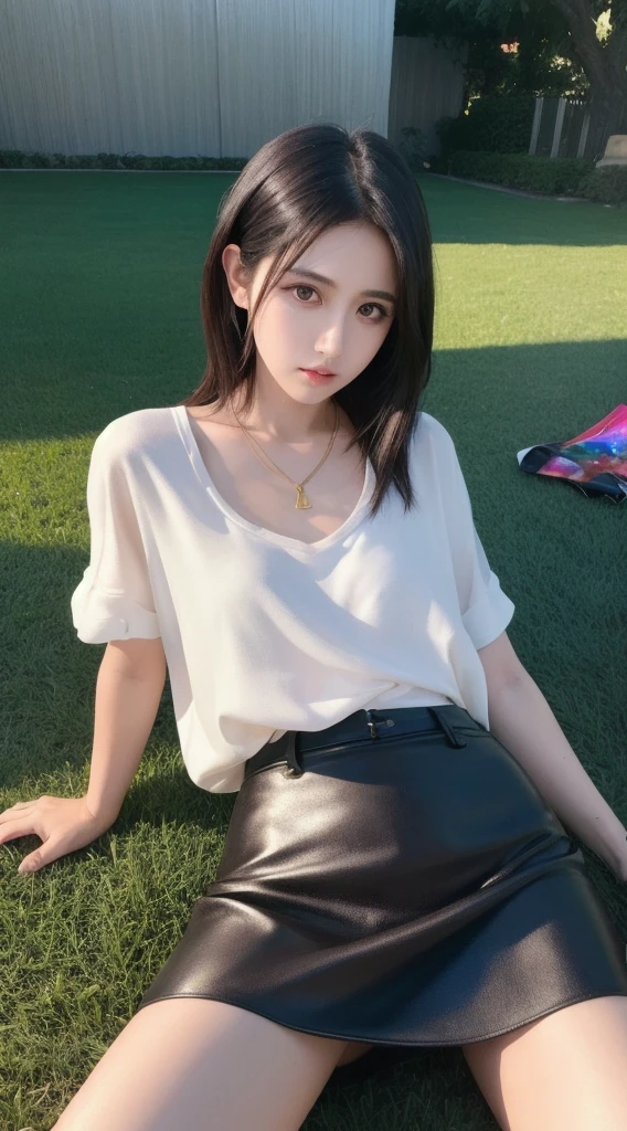 1 ((momo)), Lie down on the grass, Overhead camera, sharp focus, handsome,plump legs, skinny,professional lighting,city, eyelines,gold necklace,rendered eyes,tall body,adult woman,hair ornament,instagram most viewed,official wallpaper, official art,(kpop idol), mini skirt, half-closed eyes,building,((photorealistic painting art by midjourney and greg rutkowski)),((supermodel))