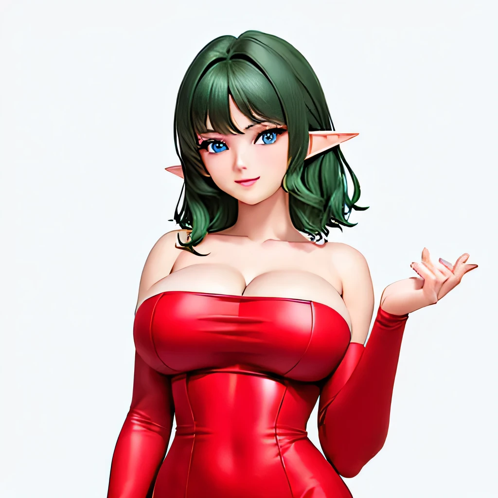  ((masterpiece,best quality,ultra-delicate,Perfect Face,16k,high resolution,very beautiful girl)),from above:1.3,Medium short green hair:1.2, Red strapless bodycon tube dress ,Red long arm sleeves,outstretching arms,Elf Girl,((huge Breasts:1.3)),blue eyes,Beautiful smile,20 years old,bedroom