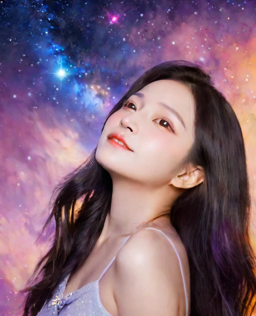 High Detail, Super Detail, Ultra-high resolution, Girl enjoying time in fantasy galaxy, Surrounded by stars, The warm light shines on her, Background is starry sky,There are colorful galaxies and galaxy clouds, Stars flew around her, Delicate face, Add a fun atmosphere , --v6
