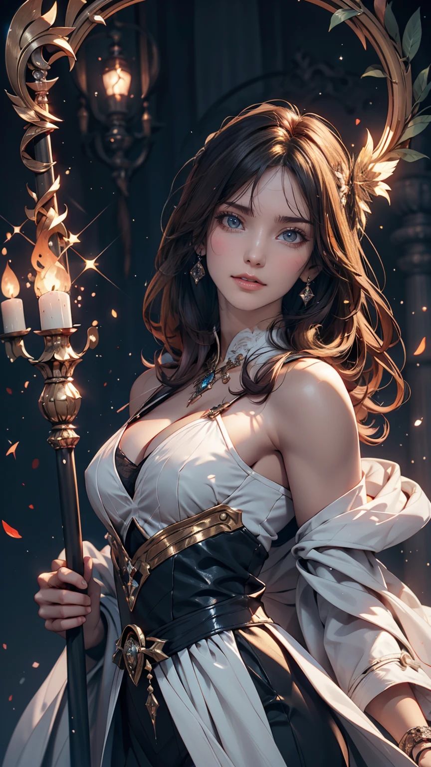 8K resolution, masterpiece, Highest quality, Award-winning works, unrealistic, From above, erotic, Only sexy women, healthy shaped body, 22 years old, Black Mage, height: 165cm, Large, firm, swaying bust,, long wavy silver hair, Detailed facial depiction, break, Mysterious blue eyes, Standard nose, eyeliner, Pink Lips, Sexy long legs, Transparent muscles, holy knight, Gothic ruffle long dress, A dress with a complex structure, 7 Colorful Dresses, Clothed in flames, royal coat of arms, elegant, Very detailed, Delicate depiction of hair, Miniature Painting, Digital Painting, artステーションコンセプトart, Smooth, Sharp focus, shape, artジャム、Greg Rutkowski、Alphonse Mucha、William Adolphe Bouguereau、art：Stephanie Law , Royal Jewel, nature, Symmetric, Greg Rutkowski, Charlie Bowwater, unrealistic, Surreal, Dynamic Lighting, ファンタジーart, Complex colors, Colorful magic circle, flash, Dynamic sexy pose, A kind smile, Mysterious Background, aura, A gentle gaze, break, Small faint lights and flying fireflies, night, lanthanum, 山の頂From above下界を見下ろす, Starry Sky, milky way, nebula, shooting star, A sacred staff that emits a brilliant light, Back view, To the camera