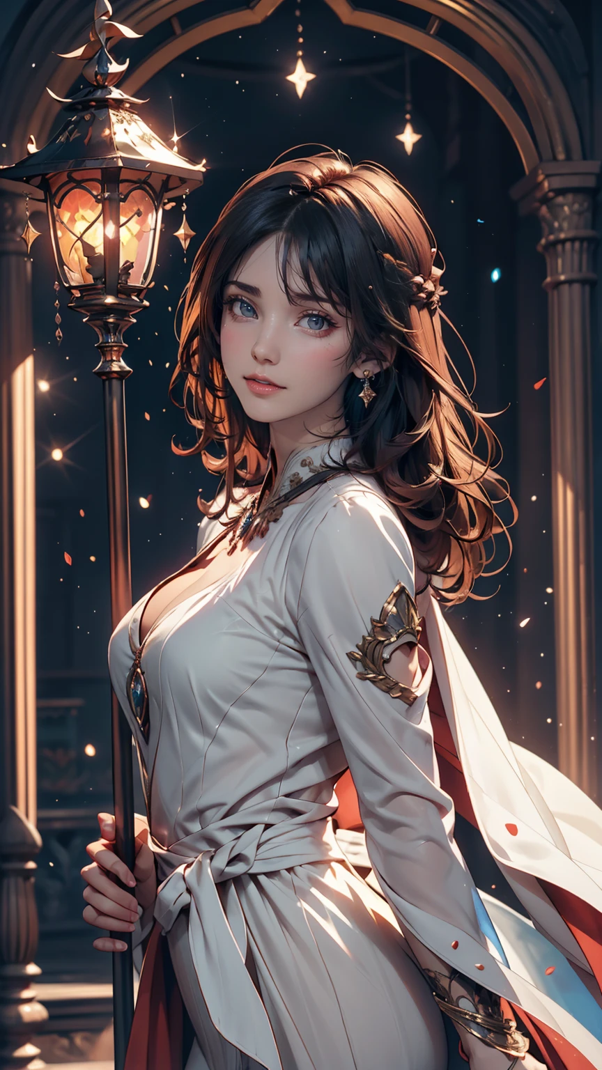 8K resolution, masterpiece, Highest quality, Award-winning works, unrealistic, From above, erotic, Only sexy women, healthy shaped body, 22 years old, Black Mage, height: 165cm, Large, firm, swaying bust,, long wavy silver hair, Detailed facial depiction, break, Mysterious blue eyes, Standard nose, eyeliner, Pink Lips, Sexy long legs, Transparent muscles, holy knight, Gothic ruffle long dress, A dress with a complex structure, 7 Colorful Dresses, Clothed in flames, royal coat of arms, elegant, Very detailed, Delicate depiction of hair, Miniature Painting, Digital Painting, artステーションコンセプトart, Smooth, Sharp focus, shape, artジャム、Greg Rutkowski、Alphonse Mucha、William Adolphe Bouguereau、art:Stephanie Law , Royal Jewel, nature, Symmetric, Greg Rutkowski, Charlie Bowwater, unrealistic, Surreal, Dynamic Lighting, ファンタジーart, Complex colors, Colorful magic circle, flash, Dynamic sexy pose, A kind smile, Mysterious Background, aura, A gentle gaze, break, Small faint lights and flying fireflies, night, lanthanum, 山の頂From above下界を見下ろす, Starry Sky, milky way, nebula, shooting star, A sacred staff that emits a brilliant light, Back view, To the camera