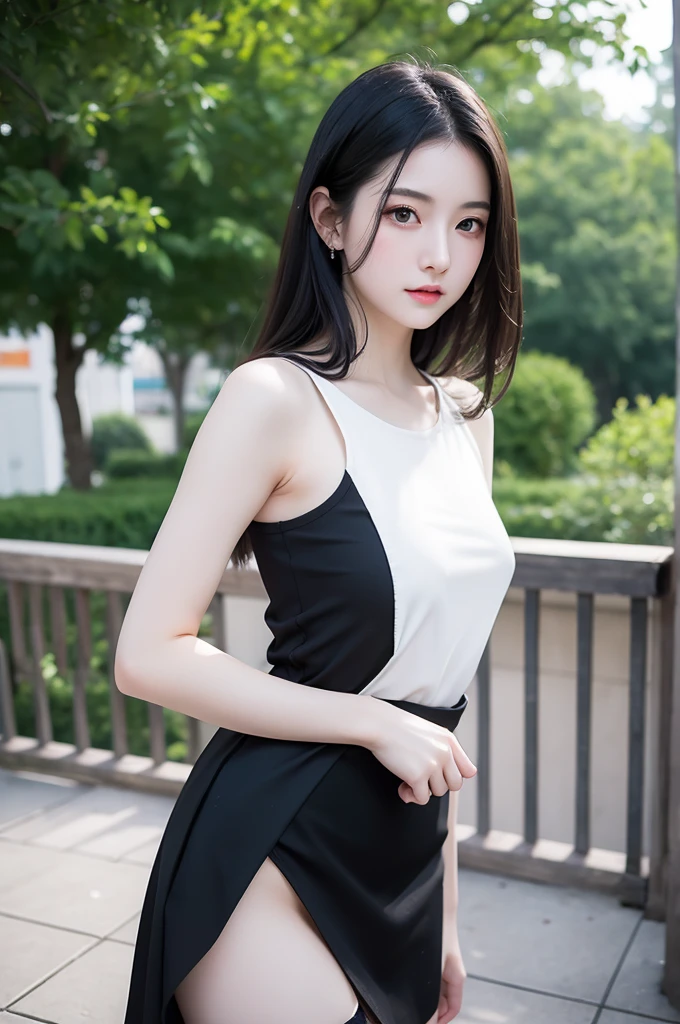 masterpiece, best quality, 1girl, aqua eyes, black hair, closed mouth, outdoors, solo,(((upon body))), alluring, clean, beautiful face,pure face, pale skin, sexy pose,((perfect female figure)), mature female, milf, underskirt,thighhighs